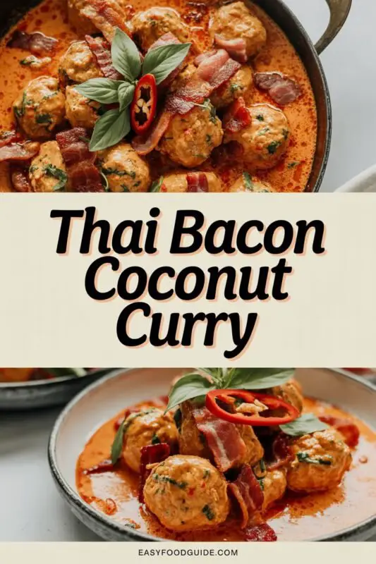 A bowl of Thai Bacon Coconut Curry with chicken meatballs, garnished with bacon and cilantro, served over rice.