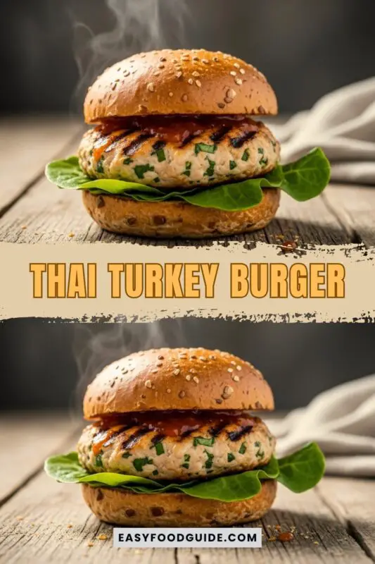 Gourmet Thai turkey burger with ginger and cilantro, topped with sweet chili sauce and lettuce on a rustic wooden plate.