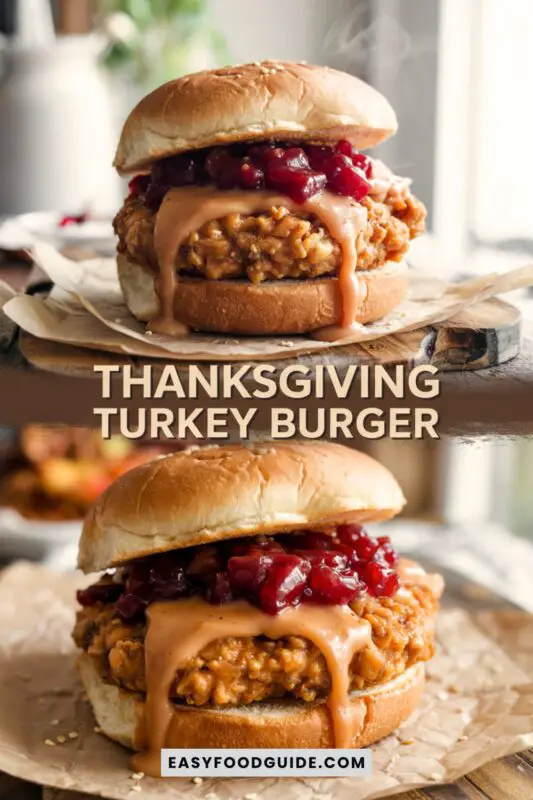 Thanksgiving Turkey Burger with ground turkey patty, cranberry sauce, and stuffing on a toasted bun, served on a rustic wooden plate.