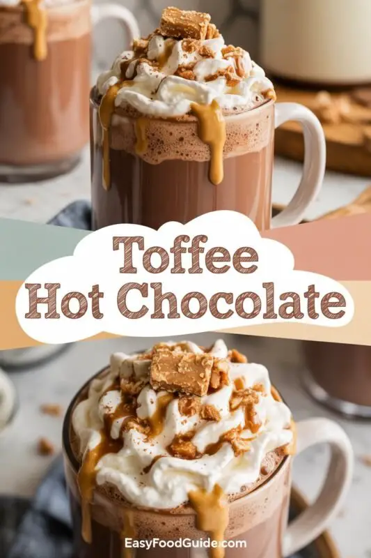 A cozy mug of toffee hot chocolate with whipped cream and toffee bits, surrounded by a warm blanket and cookies.