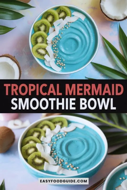 tropical-mermaid-smoothie-1 Bright blue spirulina smoothie bowl with kiwi, coconut flakes, and edible pearls, set against a light background.