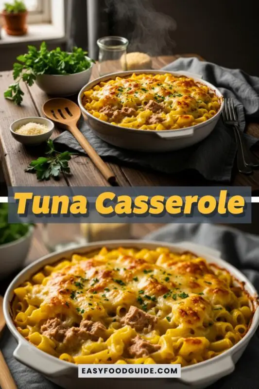 A freshly baked cheesy tuna noodle casserole on a rustic table, garnished with parsley and accompanied by Parmesan cheese.