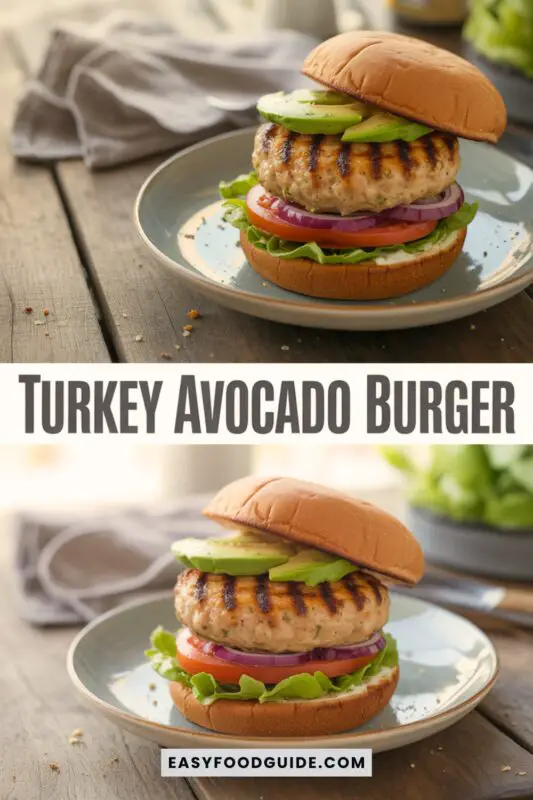 A gourmet Turkey Avocado Burger with ground turkey patty, avocado, lettuce, tomato, and red onion on a toasted bun.
