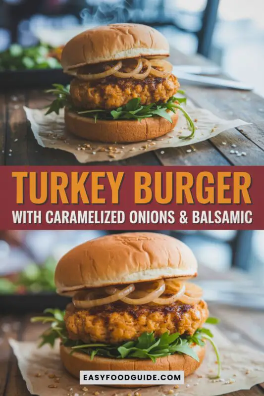 A gourmet turkey burger with caramelized onions and balsamic glaze on a rustic wooden board.