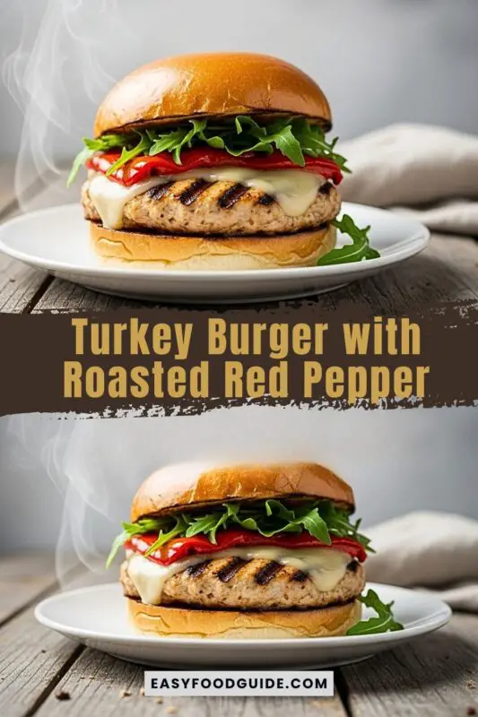 Gourmet turkey burger with provolone cheese, roasted red peppers, and arugula on a toasted bun, presented on a rustic wooden plate.