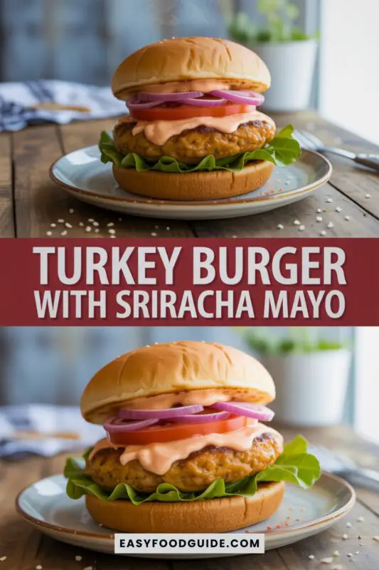 Spicy turkey burger with sriracha mayo on a toasted bun, served with lettuce, tomato, and pickled onions on a rustic wooden plate.