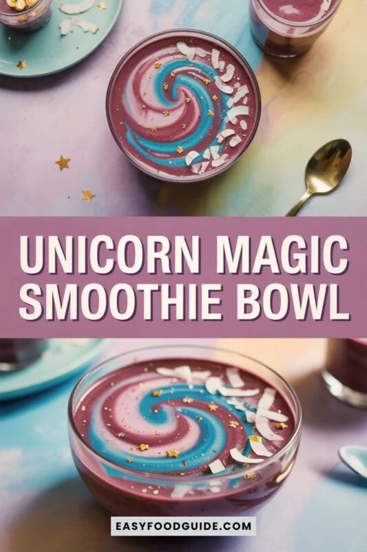 unicorn-smoothie-bowl-1 A vibrant Unicorn Magic Smoothie Bowl with pink, blue, and purple layers, topped with coconut and sprinkles on a pastel background.