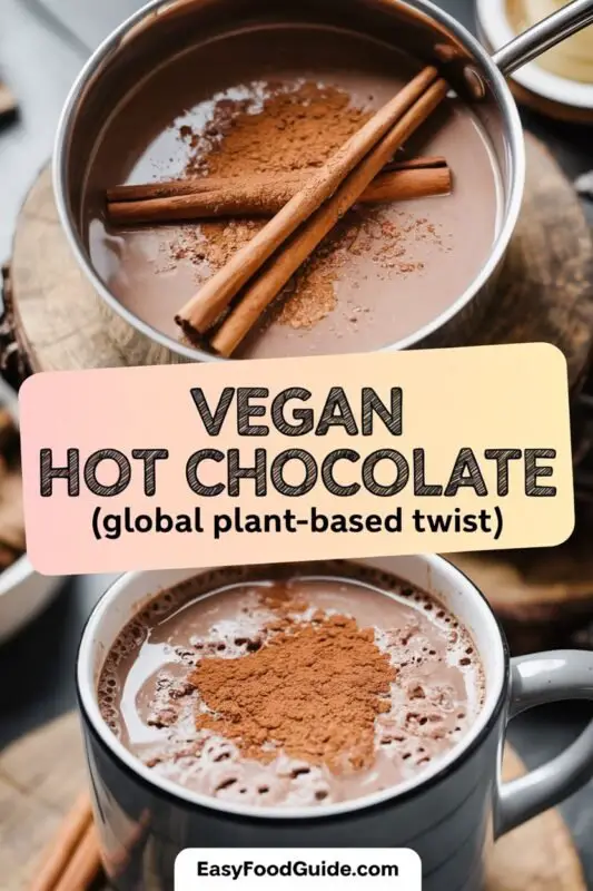 A warm cup of vegan hot chocolate with cocoa powder and a cinnamon stick, surrounded by dark chocolate pieces.