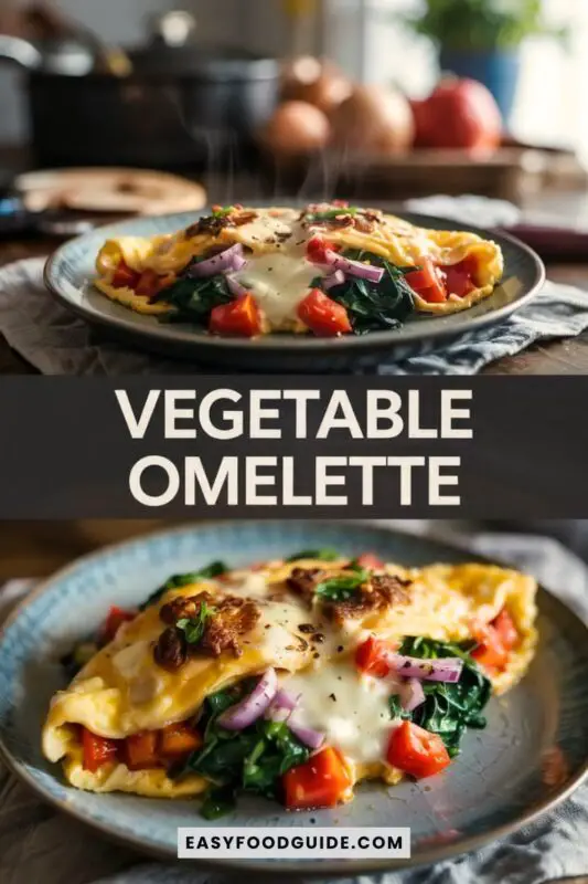 A cheesy vegetable omelette filled with sautéed red bell peppers, spinach, tomatoes, and onions on a rustic ceramic plate.