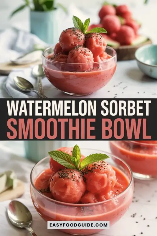 watermelon-sorbet-smoothie-4 A colorful watermelon sorbet smoothie bowl garnished with mint, watermelon balls, and chia seeds.