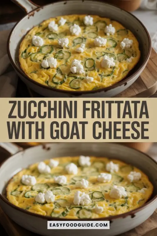 zucchini-frittata-3 A golden zucchini and goat cheese frittata cut into wedges, garnished with herbs on a rustic table.