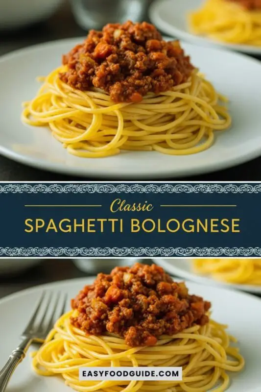 Spaghetti-Bolognese-1 A delicious serving of Classic Spaghetti Bolognese with meat sauce and garnished with basil on a wooden table.