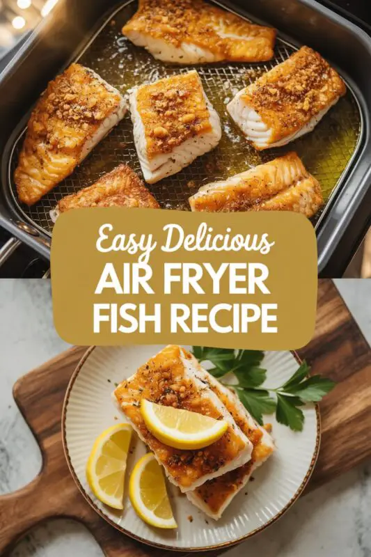 Crispy air fryer fish fillet garnished with herbs and lemon, served with a fresh salad.