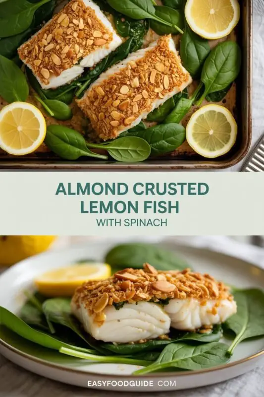 Almond and lemon-crusted cod fillets on sautéed spinach with lemon wedges.