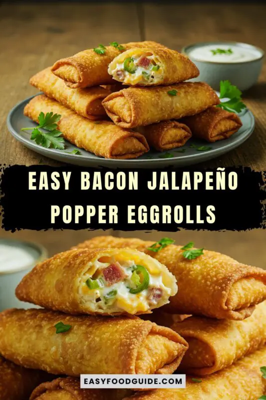 bacon-jalapeno-eggroll-2 Crispy bacon jalapeño popper eggrolls on a plate with ranch dipping sauce and garnished with jalapeño slices.