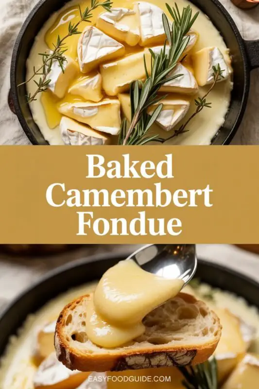 A delicious baked camembert fondue with honey and herbs, served with crusty bread and fresh fruit for dipping.