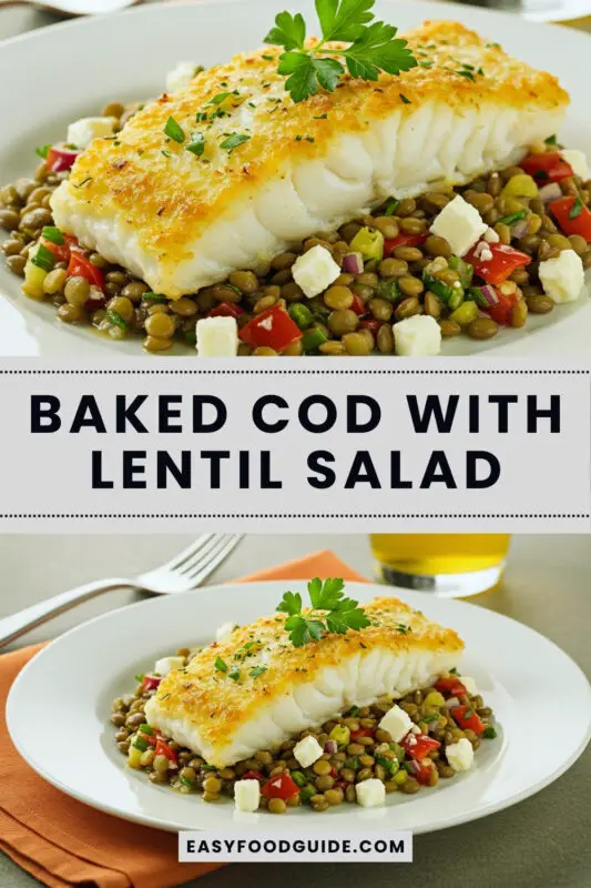 Baked cod fillet served with a colorful lentil salad featuring roasted red peppers and feta cheese.