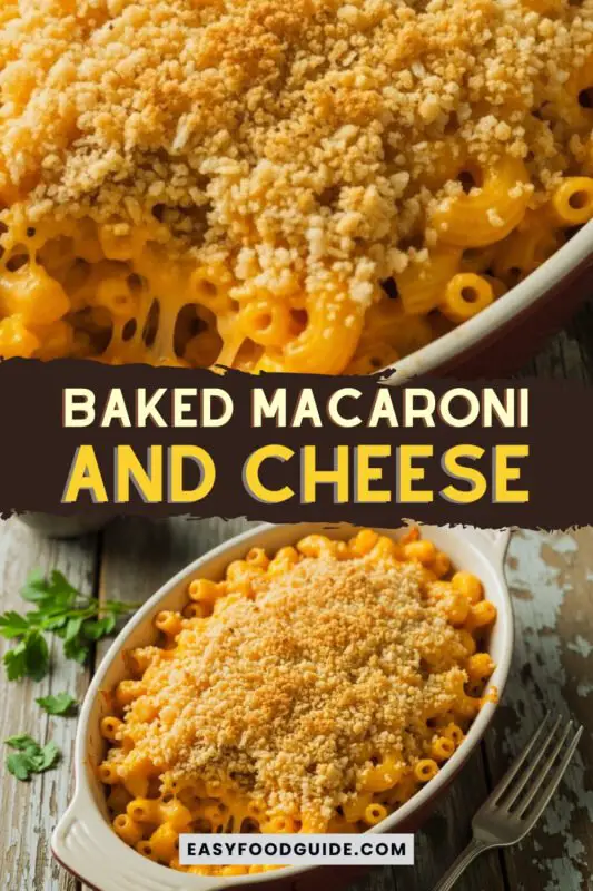 baked-macaroni-cheese-1 A baked macaroni and cheese dish with a golden breadcrumb topping, served in a rustic dish on a wooden table.