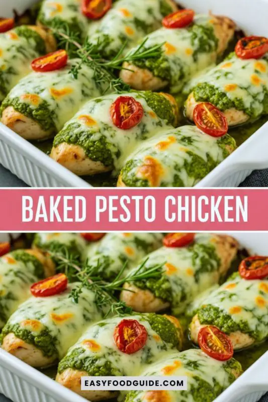 Oven baked pesto chicken breast with cherry tomatoes and mozzarella cheese, garnished with basil on a rustic table.