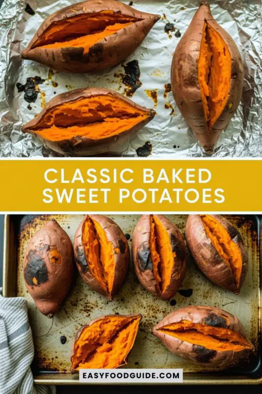 Baked sweet potatoes split open on a wooden board, seasoned with salt and pepper, garnished with rosemary and sea salt.