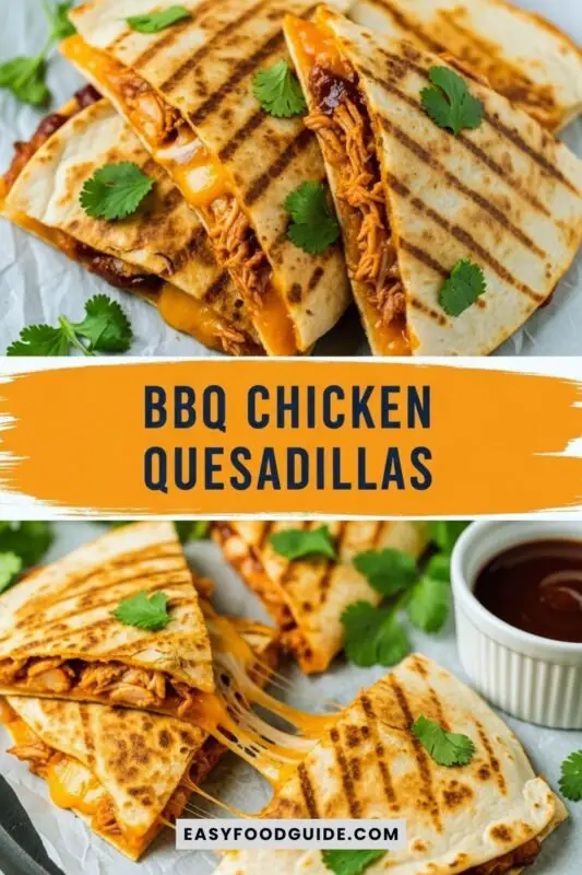 bbq-chicken-quesadillas-1 BBQ Chicken Quesadillas on a plate, cut into wedges, with melted cheese and garnished with cilantro, served with BBQ sauce.