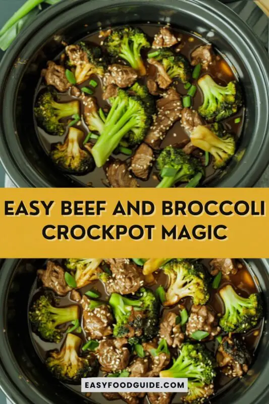 Slow cooker beef and broccoli with sesame seeds and scallions in a rich sauce.