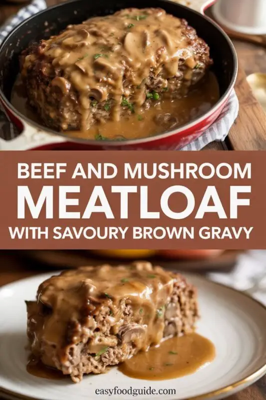 This hearty mushroom meatloaf combines ground beef, finely chopped mushrooms, onions, garlic, breadcrumbs, eggs, and seasonings for a moist and flavorful loaf.