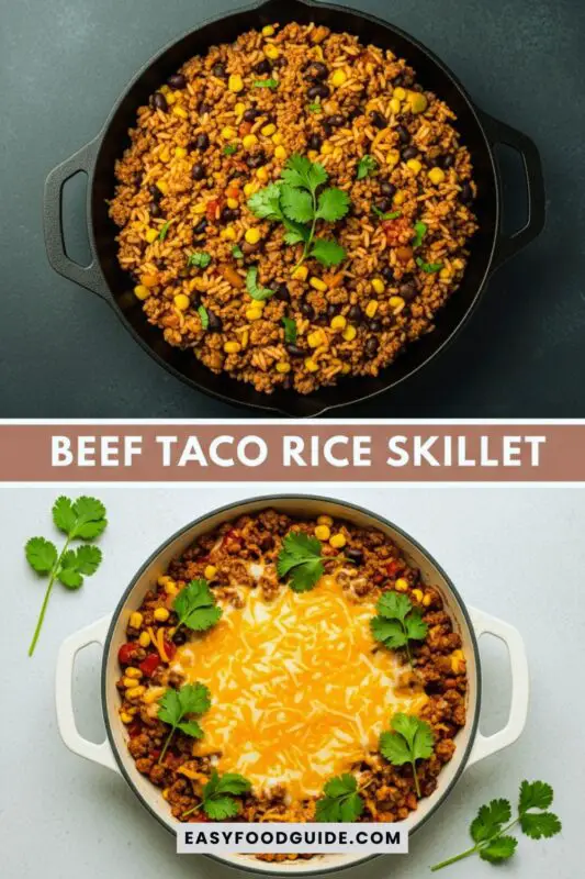A hearty Beef Taco Rice Skillet with ground beef, rice, black beans, corn, and melted cheese, garnished with cilantro.