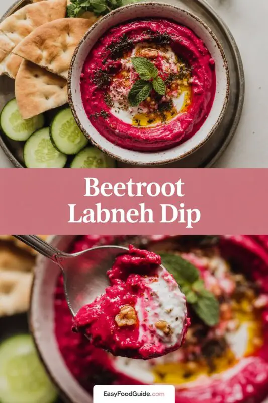 A creamy pink beetroot labneh dip garnished with herbs and olive oil, served with pita and fresh vegetables.