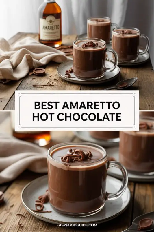 A mug of Amaretto hot chocolate topped with whipped cream and chocolate shavings on a rustic table.