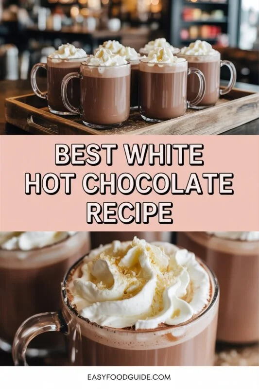 A mug of white hot chocolate topped with whipped cream and white chocolate shavings on a wooden table with festive decorations.