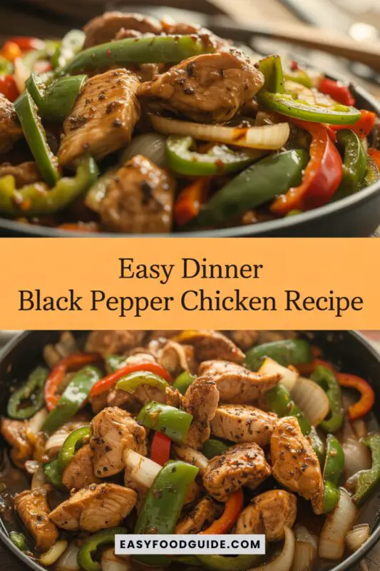 A vibrant plate of black pepper chicken stir-fry with bell peppers and onions, garnished with green onions and sesame seeds.