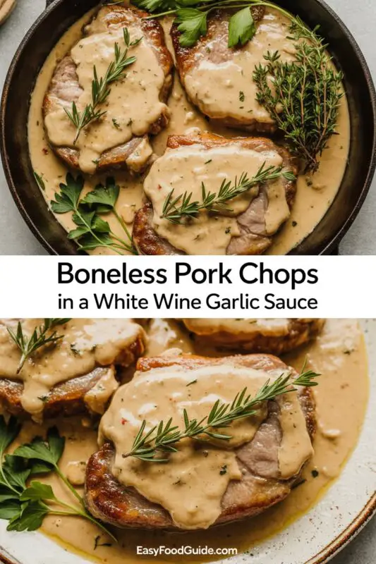 A photograph of "Boneless Pork Chops in a White Wine Garlic Sauce" presented in a Pinterest-optimized vertical 2:3 aspect ratio with two stacked panels. The top panel showcases charred boneless pork chops simmering in a rustic cast iron pan, coated in a glistening white wine garlic sauce and garnished with vibrant fresh parsley, while the bottom panel provides a close-up view of a single plated portion highlighting the juicy texture and visible garlic bits. A soft pastel block with a subtle drop shadow displays the recipe title “Boneless Pork Chops in a White Wine Garlic Sauce” in a bold artistic font with warm tones, and a discreet “easyfoodguide.com” logo sits in the bottom corner. Natural window light illuminates the scene, creating a warm and inviting atmosphere with subtle shadows emphasizing the dish’s appetizing details.