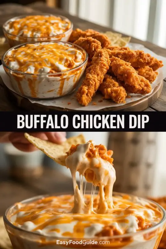A creamy Buffalo Chicken Dip in a dish with green onions on top, served with tortilla chips on a wooden table.