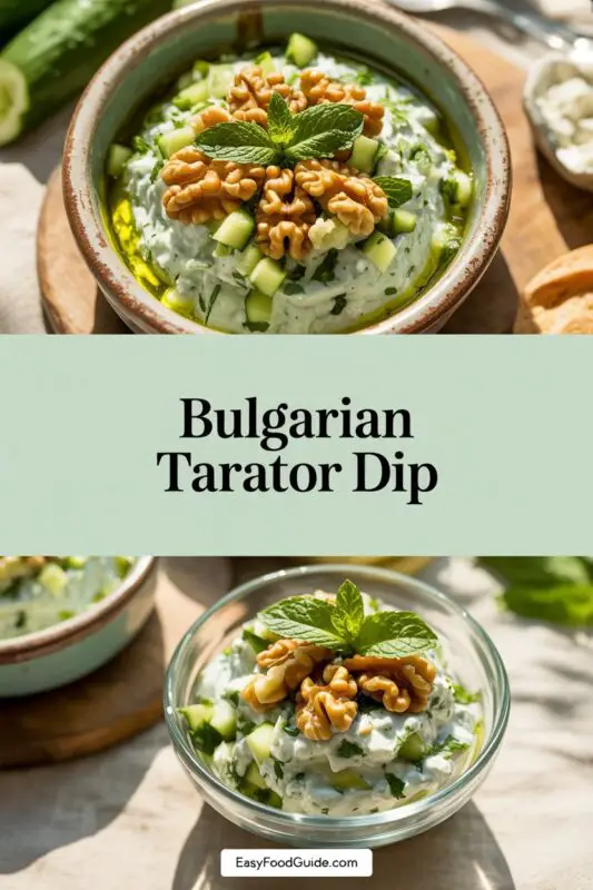 A refreshing bowl of Bulgarian Tarator Dip with mint and walnuts, served with cucumbers on a wooden table.