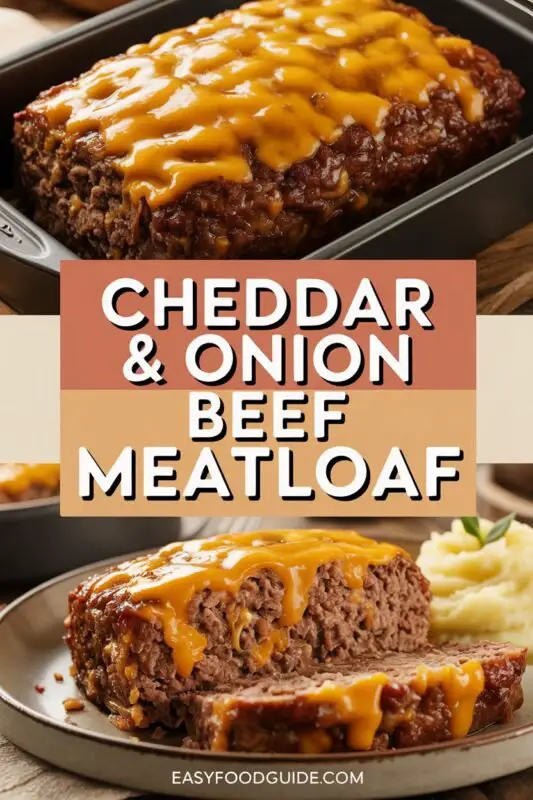 Sliced cheddar and onion beef meatloaf on a wooden board with mashed potatoes and vegetables.