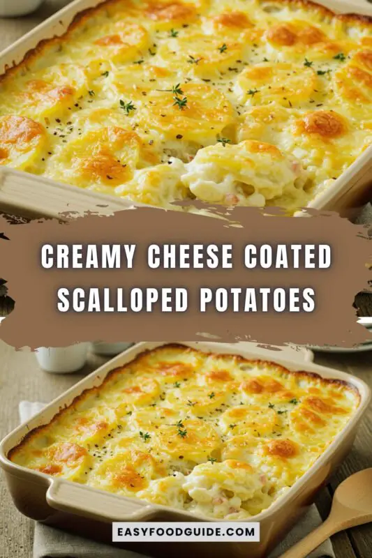 cheese-scalloped-potatoes-1 Creamy cheese coated scalloped potatoes in a baking dish, golden brown and bubbling, garnished with herbs.