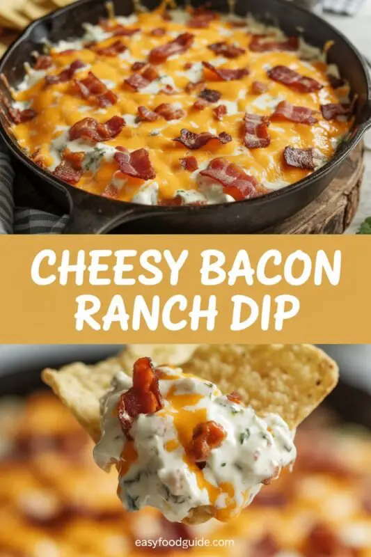 A bowl of warm Cheesy Bacon Ranch Dip topped with bacon, surrounded by tortilla chips and fresh veggies.