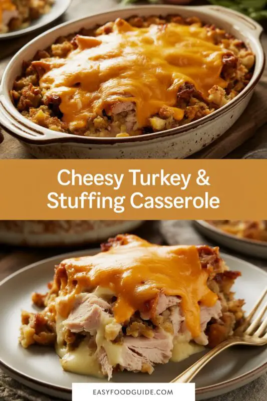 This Cheesy Turkey & Stuffing Casserole is an ideal way to transform Thanksgiving leftovers into a satisfying meal.
