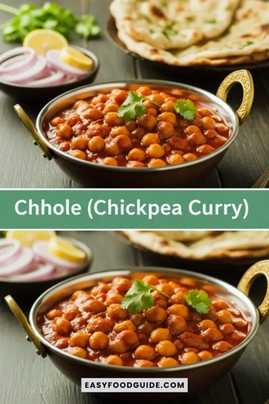 chhole-1 A bowl of Punjabi Chole (Chickpea Curry) garnished with coriander, served with naan and lemon on a rustic table.