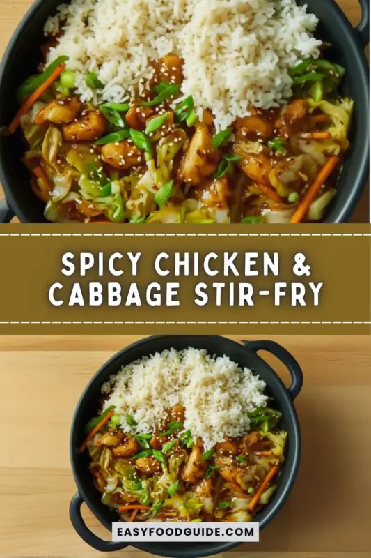 chicken-cabbage-1 A colorful Spicy Chicken & Cabbage Stir-Fry with chicken, cabbage, and bell peppers in a bowl, garnished with sesame seeds.