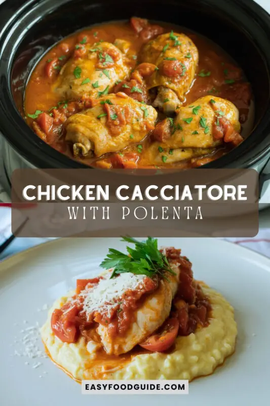 A bowl of Chicken Cacciatore with polenta, garnished with parsley and Parmesan, on a rustic wooden table.