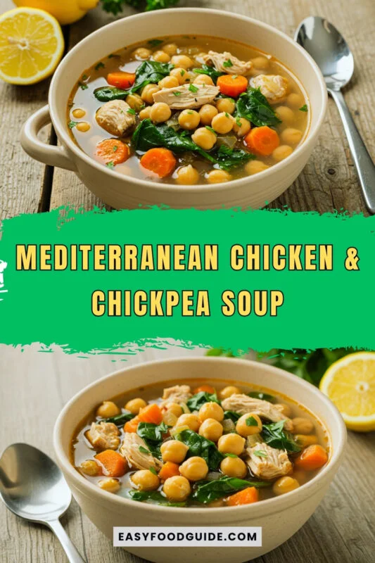 chicken-chickpea-soup-1 A hearty bowl of Mediterranean Chicken & Chickpea Soup with chicken, chickpeas, carrots, and spinach, garnished with parsley and lemon.