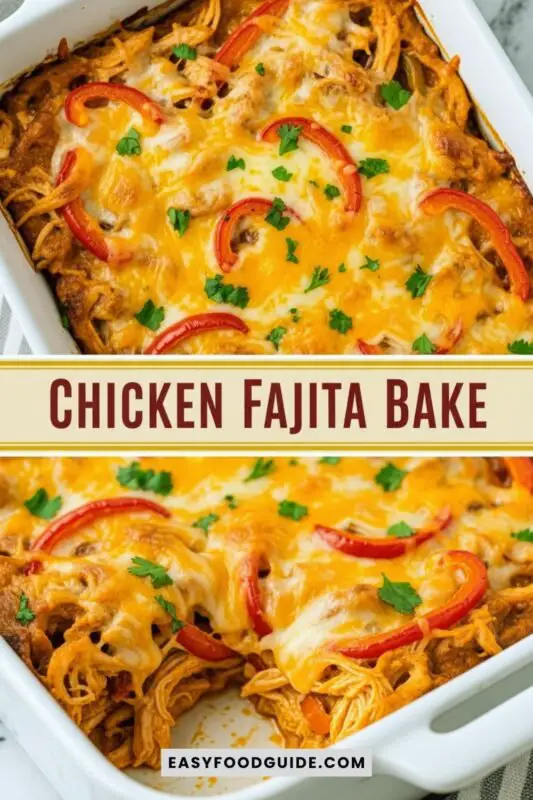 chicken-fajita-bake-1 A colorful Chicken Fajita Bake with chicken, bell peppers, and melted cheese in a baking dish, garnished with cilantro.