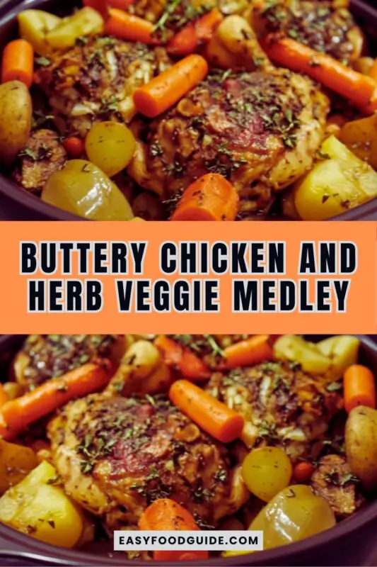 chicken-herb-medley-1 Buttery chicken with carrots and potatoes in a rich sauce, garnished with herbs, on a rustic table.