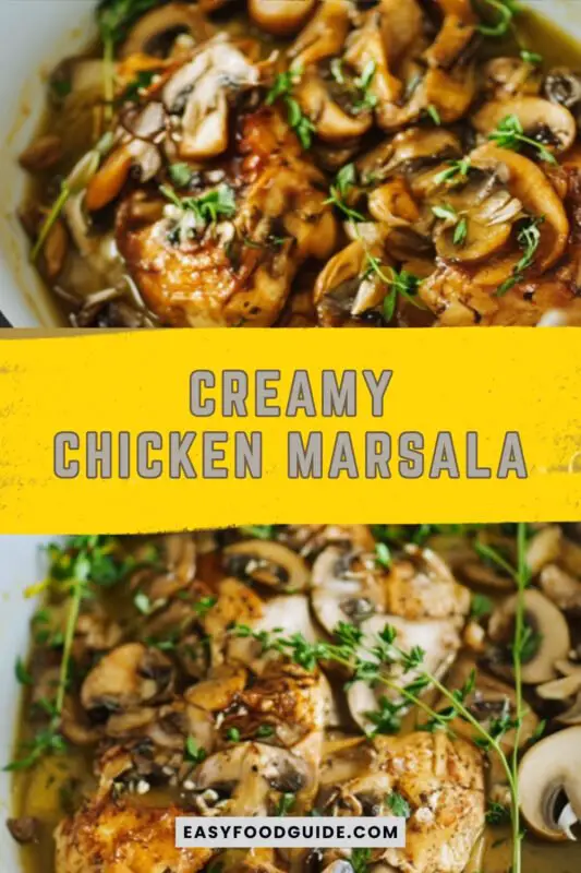 chicken-marsala-1 Creamy Chicken Marsala on pasta, garnished with parsley, showcasing tender chicken and mushrooms in a rich sauce.