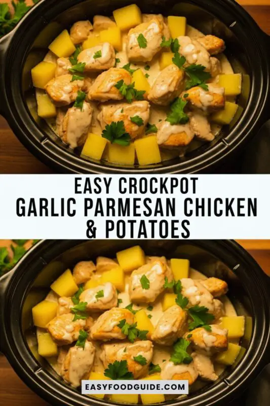 Crockpot filled with garlic parmesan chicken and potatoes, garnished with parsley.
