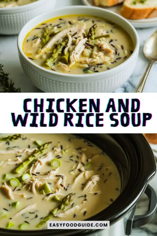 A bowl of creamy chicken and wild rice soup with asparagus and peas, garnished with parsley, on a rustic table with bread.
