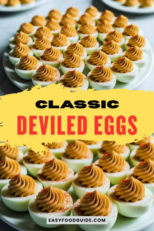 classic-deviled-eggs-2 A close-up of Classic Deviled Eggs garnished with paprika and herbs on a rustic platter.