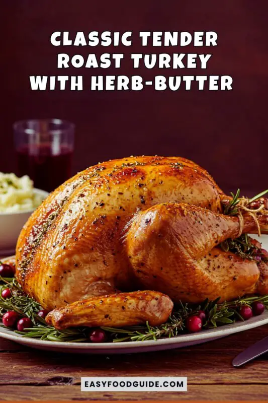 classic-roast-turkey-7 A golden-brown roasted turkey with herb butter, garnished with herbs, on a wooden table with festive sides.